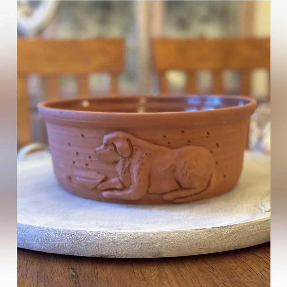 Signed Hand Thrown Studio Art Pottery Terracotta Dog Food Bowl Dish Glaze XL